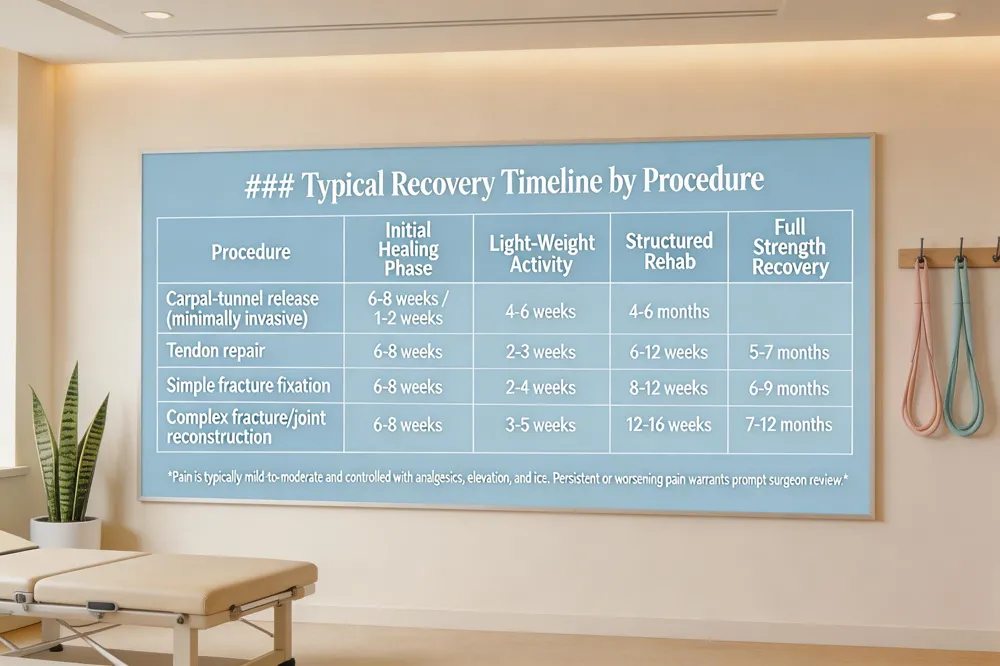 ### Typical Recovery Timeline by Procedure
| Procedure | Initial Healing Phase | Light‑Weight Activity Resumption | Structured Rehab Duration | Full Strength / Fine‑Motor Recovery |
|---|---|---|---|---|
| Carpal‑tunnel release (minimally invasive) | 6‑8 weeks bone 1‑2 weeks | 4‑6 weeks | 4‑6 months | |
| Tendon repair | 6‑8 weeks | 2‑3 weeks | 6‑12 weeks | 5‑7 months |
| Simple fracture fixation | 6‑8 weeks | 2‑4 weeks | 8‑12 weeks | 6‑9 months |
| Complex fracture or joint reconstruction | 6‑8 weeks | 3‑5 weeks | 12‑16 weeks | 7‑12 months |
Pain is typically mild‑to‑moderate and controlled with analgesics, elevation, and ice. Persistent or worsening pain warrants prompt surgeon review. 