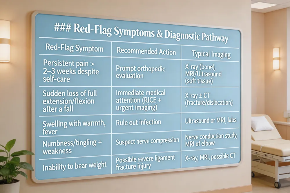 ### Red‑Flag Symptoms & Diagnostic Pathway
| Red‑Flag Symptom | Recommended Action | Typical Imaging |
|---|---|---|
| Persistent pain > 2–3 weeks despite self‑care | Prompt orthopedic evaluation | X‑ray (bone), MRI/Ultrasound (soft tissue) |
| Sudden loss of full extension/flexion after a fall | Immediate medical attention (RICE + urgent imaging) | X‑ray ± CT (fracture/dislocation) |
| Swelling with warmth, fever | Rule out infection | Ultrasound or MRI, labs |
| Numbness/tingling + weakness | Suspect nerve compression | Nerve conduction study, MRI of elbow |
| Inability to bear weight | Possible severe ligament/ fracture injury | X‑ray, MRI, possible CT |
| 