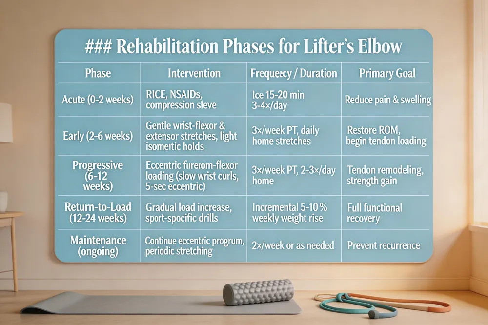 ### Rehabilitation Phases for Lifter’s Elbow
| Phase | Intervention | Frequency / Duration | Primary Goal |
|---|---|---|---|
| Acute (0‑2 weeks) | RICE, NSAIDs, compression sleeve | Ice 15‑20 min 3‑4×/day | Reduce pain & swelling |
| Early (2‑6 weeks) | Gentle wrist‑flexor & extensor stretches, light isometric holds | 3×/week PT, daily home stretches | Restore ROM, begin tendon loading |
| Progressive (6‑12 weeks) | Eccentric forearm‑flexor loading (slow wrist curls, 5‑sec eccentric) | 3×/week PT, 2‑3×/day home | Tendon remodeling, strength gain |
| Return‑to‑Load (12‑24 weeks) | Gradual load increase, sport‑specific drills | Incremental 5‑10 % weekly weight rise | Full functional recovery |
| Maintenance (ongoing) | Continue eccentric program, periodic stretching | 2×/week or as needed | Prevent recurrence |
| 