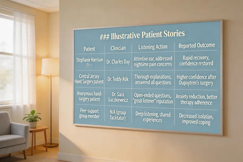 ### Illustrative Patient Stories
| Patient | Clinician | Listening Action | Reported Outcome |
|---|---|---|---|
| Stephanie Harrison (90 y) | Dr. Charles Day | Attentive ear, addressed nighttime pain concerns | Rapid recovery, confidence restored |
| Central Jersey Hand Surgery patient | Dr. Teddy Atik | Thorough explanations, answered all questions | Higher confidence after Dupuytren’s surgery |
| Anonymous hand‑surgery patient | Dr. Sara Luczkiewicz | Open‑ended questions, “great listener” reputation | Anxiety reduction, better therapy adherence |
| Peer‑support group member | N/A (group facilitator) | Deep listening, shared experiences | Decreased isolation, improved coping |
| 