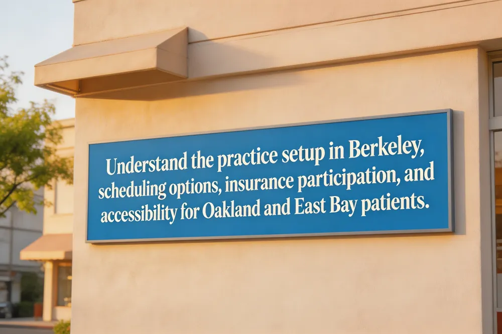 Understand the practice setup in Berkeley, scheduling options, insurance participation, and accessibility for Oakland and East Bay patients.