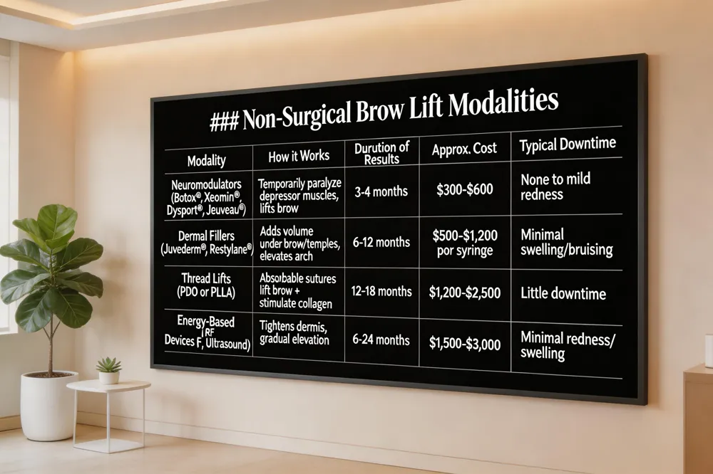 ### Non‑Surgical Brow Lift Modalities
| Modality | How it Works | Duration of Results | Approx. Cost (per session) | Typical Downtime |
|---|---|---|---|---|
| Neuromodulators (Botox®, Xeomin®, Dysport®, Jeuveau®) | Temporarily paralyze depressor muscles, allowing frontalis to lift brow | 3‑4 months (can be extended with repeat) | $300‑$600 | None to mild redness |
| Dermal Fillers (Juvederm®, Restylane®) | Adds volume under brow tail & temples, subtly elevates arch | 6‑12 months | $500‑$1,200 per syringe | Minimal swelling/bruising |
| Thread Lifts (PDO or PLLA) | Absorbable barbed sutures mechanically raise brow and stimulate collagen | 12‑18 months | $1,200‑$2,500 | 45‑60 min procedure, little downtime |
| Energy‑Based Devices (RF, Ultrasound – Ultherapy®, Micro‑current) | Tightens deep dermal layers, promotes gradual elevation & firmness | 6‑24 months (results develop 2‑3 months) | $1,500‑$3,000 per session | Minimal redness, possible mild swelling |
