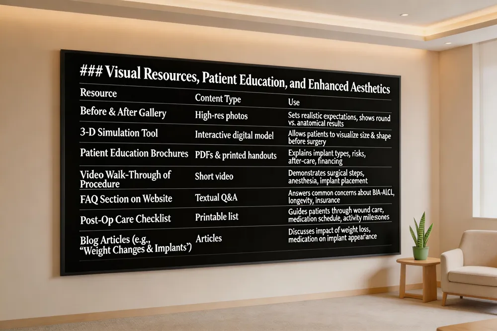 ### Visual Resources, Patient Education, and Enhanced Aesthetics
| Resource | Content Type | Use |
|---|---|---|
| Before & After Gallery | High‑resolution photos | Sets realistic expectations, shows round vs. anatomical results |
| 3‑D Simulation Tool | Interactive digital model | Allows patients to visualize size & shape before surgery |
| Patient Education Brochures | PDFs & printed handouts | Explains implant types, risks, after‑care, financing |
| Video Walk‑Through of Procedure | Short video | Demonstrates surgical steps, anesthesia, implant placement |
| FAQ Section on Website | Textual Q&A | Answers common concerns about BIA‑ALCL, longevity, insurance |
| Post‑Op Care Checklist | Printable list | Guides patients through wound care, medication schedule, activity milestones |
| Blog Articles (e.g., “Weight Changes & Implants”) | Articles | Discusses impact of weight loss, medication on implant appearance |
