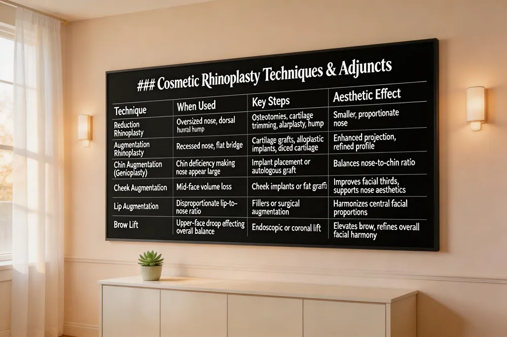 ### Cosmetic Rhinoplasty Techniques & Adjuncts
| Technique | When Used | Key Steps | Aesthetic Effect |
|---|---|---|---|
| Reduction Rhinoplasty | Oversized nose, dorsal hump | Osteotomies, cartilage trimming, alarplasty, hump removal | Smaller, proportionate nose |
| Augmentation Rhinoplasty | Recessed nose, flat bridge | Cartilage grafts, alloplastic implants, diced cartilage | Enhanced projection, refined profile |
| Chin Augmentation (Genioplasty) | Chin deficiency making nose appear large | Implant placement or autologous graft | Balances nose‑to‑chin ratio |
| Cheek Augmentation | Mid‑face volume loss | Cheek implants or fat grafting | Improves facial thirds, supports nose aesthetics |
| Lip Augmentation | Disproportionate lip‑to‑nose ratio | Fillers or surgical augmentation | Harmonizes central facial proportions |
| Brow Lift | Upper‑face droop affecting overall balance | Endoscopic or coronal lift | Elevates brow, refines overall facial harmony |
