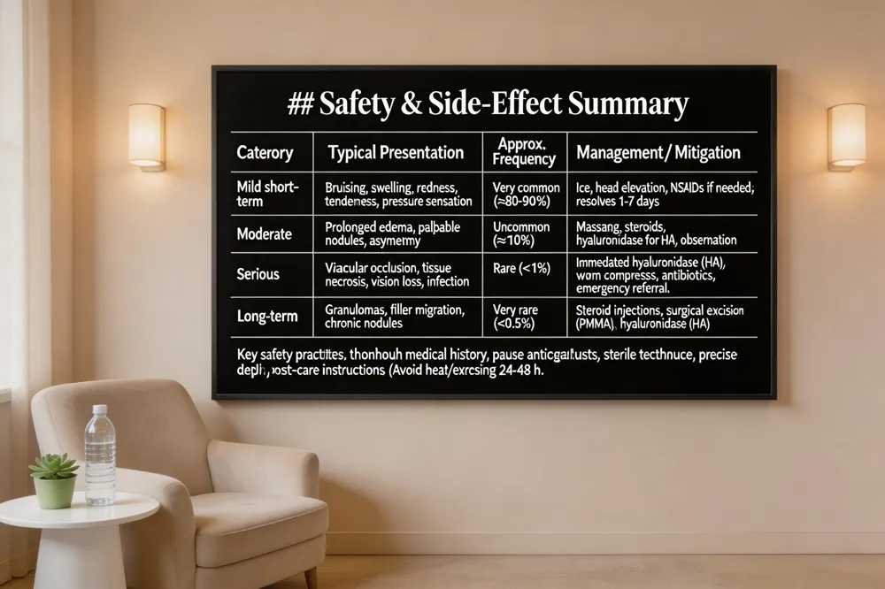 ## Safety & Side‑Effect Summary
| Category | Typical Presentation | Approx. Frequency | Management / Mitigation |
|---|---|---|---|
| Mild short‑term | Bruising, swelling, redness, tenderness, pressure sensation | Very common (≈80‑90 %) | Ice, head elevation, NSAIDs if needed; resolves 1‑7 days |
| Moderate | Prolonged edema, palpable nodules, asymmetry | Uncommon (≈5‑10 %) | Massage, steroids, hyaluronidase for HA, observation |
| Serious | Vascular occlusion, tissue necrosis, vision loss, infection | Rare (<1 %) | Immediate hyaluronidase (HA), warm compresses, antibiotics, emergency referral |
| Long‑term | Granulomas, filler migration, chronic nodules | Very rare (<0.5 %) | Steroid injections, surgical excision (PMMA), hyaluronidase (HA) |
Key safety practices: thorough medical history, pause anticoagulants, sterile technique, precise depth, post‑care instructions (avoid heat/exercise 24‑48 h).