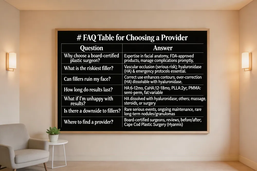## FAQ Table for Choosing a Provider
| Question | Answer |
|---|---|
| Why choose a board‑certified plastic surgeon? | Expertise in facial anatomy, access to FDA‑approved products, ability to manage complications promptly. |
| What is the riskiest filler? | Vascular occlusion is the most serious risk, regardless of filler type; immediate hyaluronidase (for HA) and emergency protocols are essential. |
| Can fillers ruin my face? | When performed correctly with conservative volumes, fillers enhance natural contours; over‑correction can be corrected, especially with HA dissolvable by hyaluronidase. |
| How long do results last? | Depends on product: HA 6‑12 mo, CaHA 12‑18 mo, PLLA up to 2 yr, PMMA semi‑permanent, fat grafting variable. |
| What if I’m unhappy with the result? | HA fillers can be dissolved with hyaluronidase; other fillers may require massage, steroids, or surgical removal. |
| Is there a downside to fillers? | Low‑frequency risk of serious events, need for ongoing maintenance, and rare long‑term nodules or granulomas. |
| Where to find a reputable provider near me? | Look for board‑certified surgeons, patient reviews, before‑and‑after galleries, and a clearly outlined safety protocol (e.g., Cape Cod Plastic Surgery in Hyannis). |
