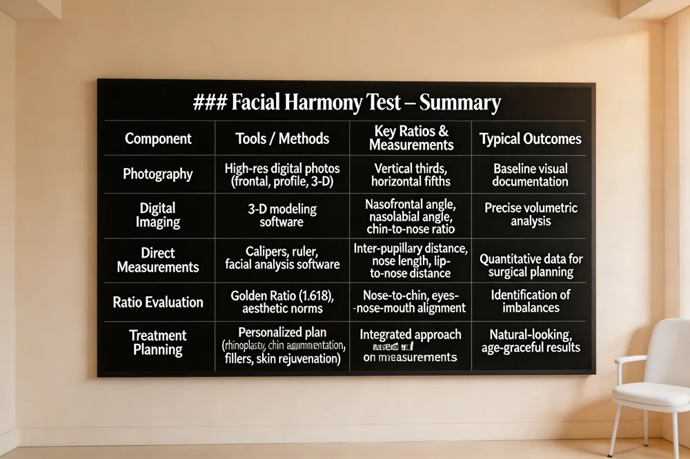 ### Facial Harmony Test – Summary
| Component | Tools / Methods | Key Ratios & Measurements | Typical Outcomes |
|---|---|---|---|
| Photography | High‑resolution digital photos (frontal, profile, 3‑D) | Vertical thirds, horizontal fifths | Baseline visual documentation |
| Digital Imaging | 3‑D modeling software | Nasofrontal angle, nasolabial angle, chin‑to‑nose ratio | Precise volumetric analysis |
| Direct Measurements | Calipers, ruler, facial analysis software | Inter‑pupillary distance, nose length, lip‑to‑nose distance | Quantitative data for surgical planning |
| Ratio Evaluation | Golden Ratio (1.618), aesthetic norms | Nose‑to‑chin, eyes‑nose‑mouth alignment | Identification of imbalances |
| Treatment Planning | Personalized plan (rhinoplasty, chin augmentation, fillers, skin rejuvenation) | Integrated approach based on measurements | Natural‑looking, age‑graceful results |