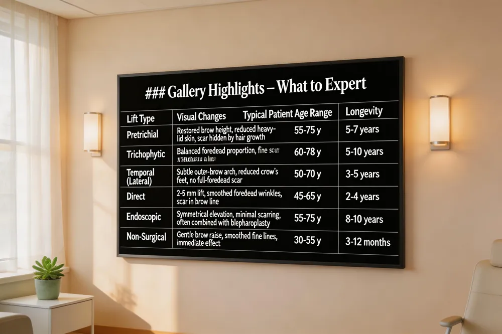 ### Gallery Highlights – What to Expect
| Lift Type | Visual Changes | Typical Patient Age Range | Longevity |
|---|---|---|---|
| Pretrichial | Restored brow height, reduced heavy‑lid skin, scar hidden by hair growth | 55‑75 y | 5‑7 years |
| Trichophytic | Balanced forehead proportion, fine scar fades to a line | 60‑78 y | 5‑10 years |
| Temporal (Lateral) | Subtle outer‑brow arch, reduced crow’s feet, no full‑forehead scar | 50‑70 y | 3‑5 years |
| Direct | 2‑5 mm lift, smoothed forehead wrinkles, scar in brow line | 45‑65 y | 2‑4 years |
| Endoscopic | Symmetrical elevation, minimal scarring, often combined with blepharoplasty | 55‑75 y | 8‑10 years |
| Non‑Surgical | Gentle brow raise, smoothed fine lines, immediate effect | 30‑55 y | 3‑12 months |
