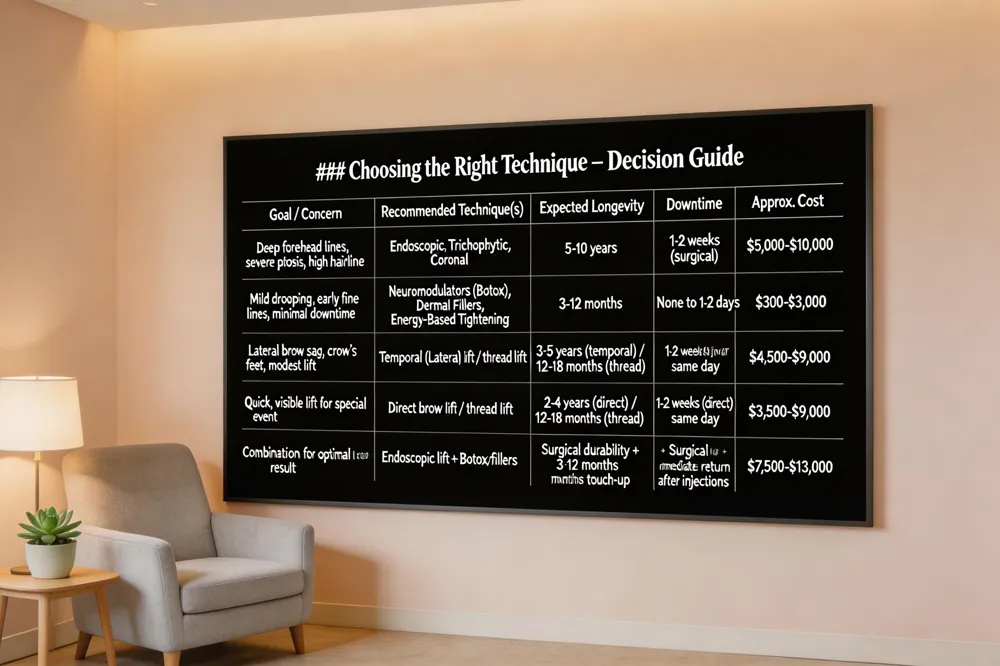 ### Choosing the Right Technique – Decision Guide
| Goal / Concern | Recommended Technique(s) | Expected Longevity | Downtime | Approx. Cost |
|---|---|---|---|---|
| Deep forehead lines, severe ptosis, high hairline | Endoscopic, Trichophytic, Coronal | 5‑10 years | 1‑2 weeks (surgical) | $5,000‑$10,000 |
| Mild drooping, early fine lines, desire for minimal downtime | Neuromodulators (Botox), Dermal Fillers, Energy‑Based Tightening | 3‑12 months | None to 1‑2 days | $300‑$3,000 |
| Lateral brow sag, crow’s feet, modest lift | Temporal (Lateral) lift or thread lift | 3‑5 years (temporal) / 12‑18 months (thread) | 1‑2 weeks (temporal) / same day (thread) | $4,500‑$9,000 |
| Quick, visible lift for special event | Direct brow lift or thread lift | 2‑4 years (direct) / 12‑18 months (thread) | 1‑2 weeks (direct) / same day (thread) | $3,500‑$9,000 |
| Combination for optimal result | Endoscopic lift + Botox/fillers for fine‑tuning | Surgical durability + 3‑12 months non‑surgical touch‑up | Surgical recovery + immediate return after injections | $7,500‑$13,000 total |
