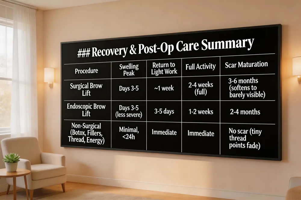 ### Recovery & Post‑Op Care Summary
| Procedure | Swelling Peak | Return to Light Work | Full Activity | Scar Maturation | |-----------|---------------|----------------------|---------------|-----------------| | Surgical Brow Lift | Days 3‑5 | ~1 week | 2‑4 weeks (full) | 3‑6 months (softens to barely visible) | | Endoscopic Brow Lift | Days 3‑5 (less severe) | 3‑5 | | 1‑2 weeks | 2‑4 months | | Non‑Surgical (Botox, Fillers, Thread, Energy) | Minimal, often <24 h | Immediate | Immediate | No scar (except tiny thread entry points that fade) | 