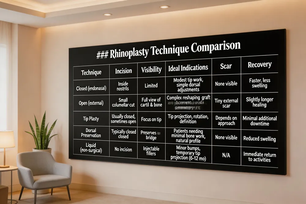 ### Rhinoplasty Technique Comparison
| Technique | Incision | Visibility | Ideal Indications | Scar | Recovery |
|---|---|---|---|---|---|
| Closed (endonasal) | Inside nostrils | Limited | Modest tip work, simple dorsal adjustments | None visible | Faster, less swelling |
| Open (external) | Small columellar cut | Full view of cartil n & bone | Complex reshaping, graft placement, precise symmetry | Tiny external scar | Slightly longer healing |
| Tip Plasty | Usually closed, sometimes open | Focus on tip | Tip projection, rotation, definition | Depends on primary approach | Minimal additional downtime |
| Dorsal Preservation | Typically closed | Preserves dorsal bridge | Patients needing minimal bone work, natural profile | None visible | Reduced swelling |
| Liquid (non‑surgical) | No incision | Injectable fillers | Minor bumps, temporary tip projection (6‑12 mo) | N/A | Immediate return to activities |
