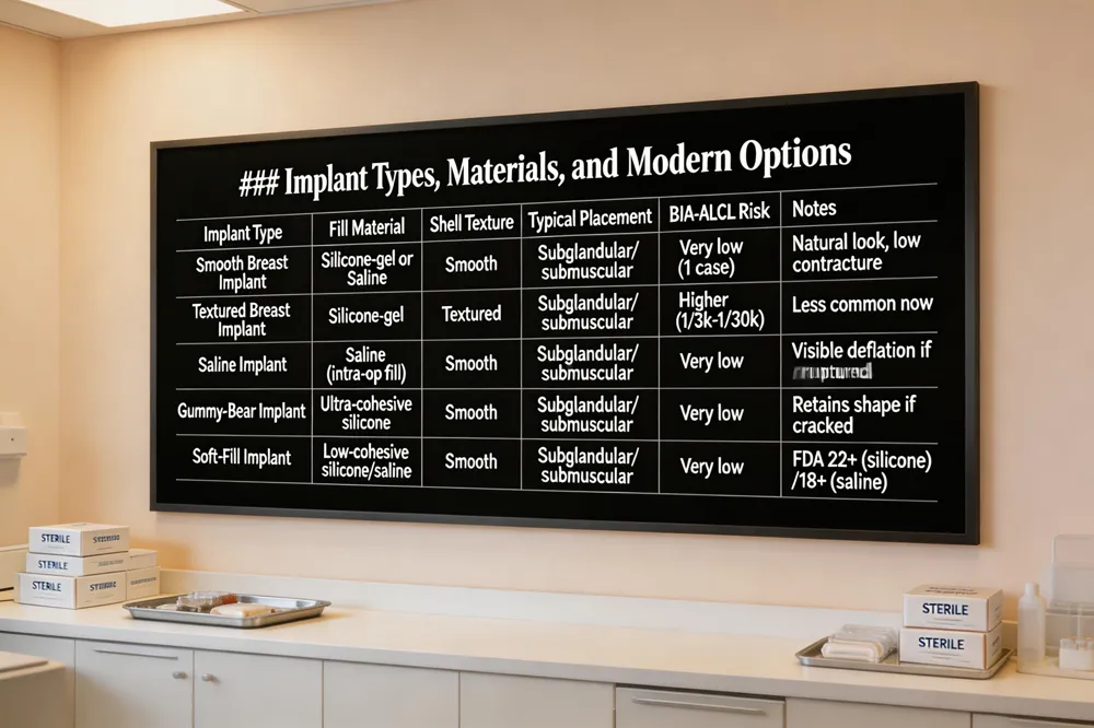 ### Implant Types, Materials, and Modern Options
| Implant Type | Fill Material | Shell Texture | Typical Placement | BIA‑ALCL Risk | Notes |
|---|---|---|---|---|---|
| Smooth Breast Implant | Silicone‑gel or Saline | Smooth | Subglandular or submuscular | Very low (1 reported case for smooth) | Natural look, low contracture rates |
| Textured Breast Implant | Silicone‑gel | Textured | Subglandular or submuscular | Higher (≈1/3,000‑1/30,000) | Historically used for reduced movement, now less common |
| Saline Implant | Saline (filled intra‑operatively) | Smooth | Subglandular or submuscular | Very low | Visible deflation if ruptured, larger incision needed |
| Gummy‑Bear (Form‑Stable) Implant | Ultra‑cohesive silicone (high‑cohesiveness) | Smooth (often round) | Subglandular or submuscular | Very low | Retains shape if shell cracks, firmer feel |
| Soft‑Fill Implant | Low‑cohesive silicone or saline | Smooth | Subglandular or submuscular | Very low | Supple, minimal rippling, FDA‑approved for ages 22+ (silicone) / 18+ (saline) |