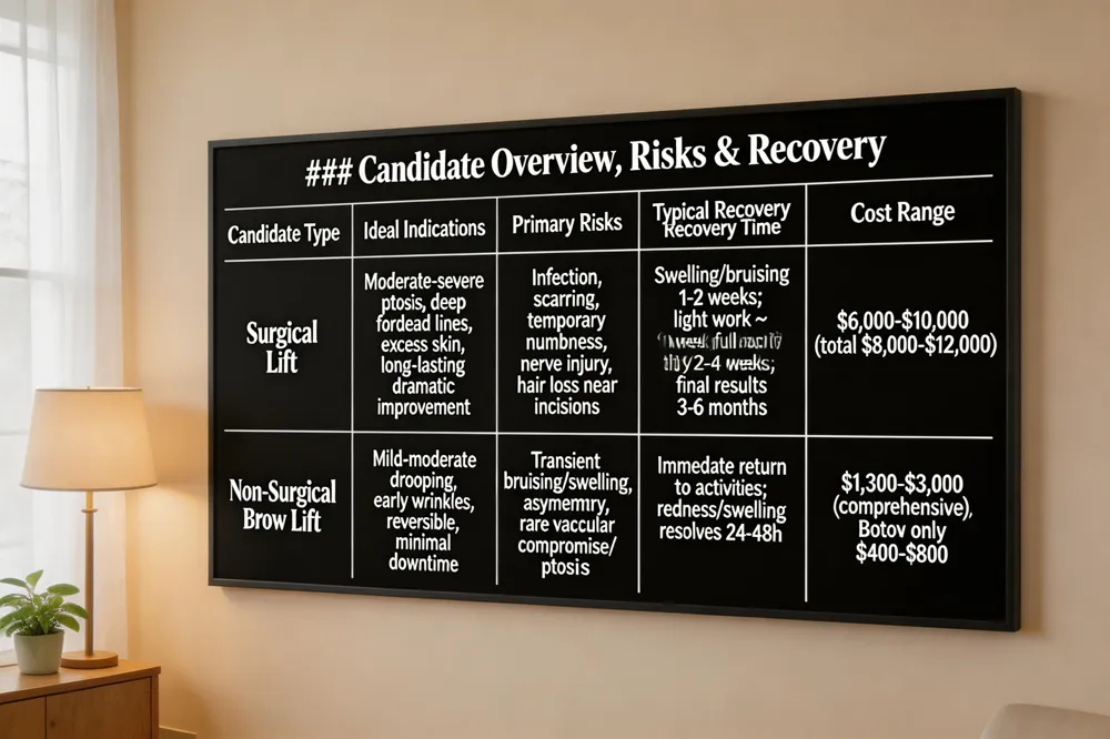 ### Candidate Overview, Risks & Recovery
| Candidate Type | Ideal Indications | Primary Risks | Typical Recovery Time | Cost Range |
|---|---|---|---|---|
| Surgical Brow Lift | Moderate‑to‑severe ptosis, deep forehead lines, excess skin, desire for long‑lasting dramatic improvement | Infection, scarring, temporary numbness, nerve injury, hair loss near incisions, rare hematoma | Swelling/ bruising 1‑2 weeks; light work after ~1 week, full activity 2‑4 weeks; final results 3‑6 months | $6,000‑$10,000 (total $8,000‑$12,000) |
| Non‑Surgical Brow Lift | Mild‑to‑moderate drooping, early wrinkles, preference for reversible, minimal downtime option | Transient bruising/swelling, asymmetry, rare vascular compromise (fillers), ptosis (neuromodulators) | Immediate return to normal activities; mild redness/swelling resolves 24‑48 h | $1,300‑$3,000 (comprehensive) ; Botox only $400‑$800 |
