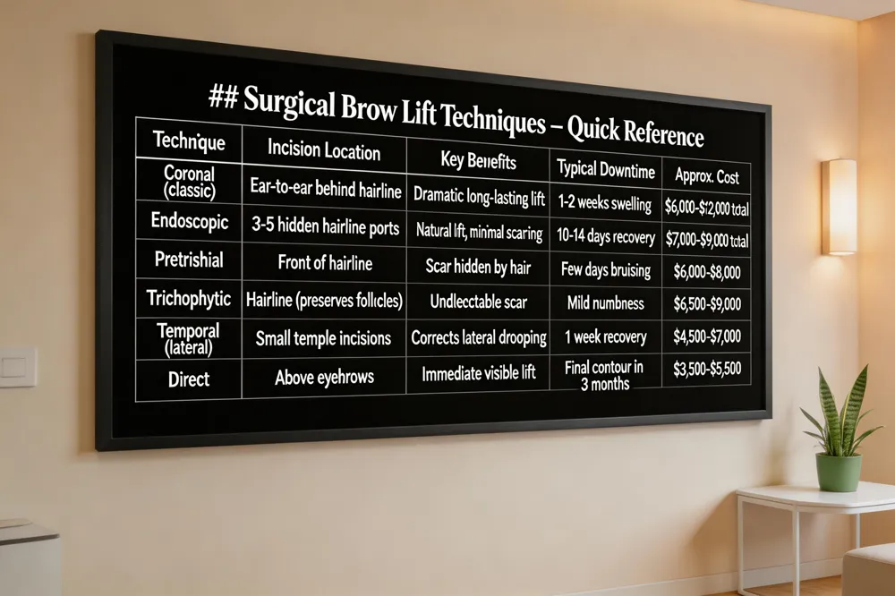 ### Surgical Brow Lift Techniques – Quick Reference
| Technique | Incision Location | Key Benefits | Typical Downtime | Approx. Cost |
|---|---|---|---|---|
| Coronal (classic) | Single ear‑to‑ear behind hairline | Most dramatic, long‑lasting lift; ideal for pronounced ptosis | 1‑2 weeks swelling, bruising; scar matures over months | $6,000‑$10,000 (total $8,000‑$12,000) |
| Endoscopic | Small hidden incisions behind hairline (3‑5 ports) | Natural‑looking elevation, minimal scarring, faster recovery | 10‑14 days to resume normal activities | $5,000‑$6,000 surgeon fees, $7,000‑$9,000 total |
| Pretrichial | Incision just in front of hairline | Scar hidden by hair growth; preserves hairline | Few days bruising, compressive head wrap | $6,000‑$8,000 |
| Trichophytic | Incision at hairline preserving follicles | Almost undetectable scar; no hairline lowering | Few days bruising, mild numbness | $6,500‑$9,000 |
| Temporal (lateral) | Small temple incisions | Corrects early lateral drooping, softens crow’s feet | Return to daily activities within a week | $4,500‑$7,000 |
| Direct | Incision just above eyebrows | Immediate visible lift (2‑5 mm); scar hidden in brow line | Visible within weeks, final contour by 3 months | $3,500‑$5,500 |

