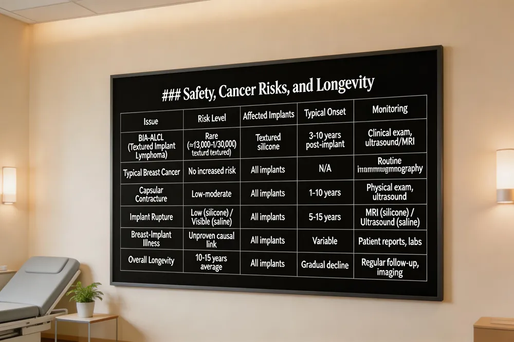 ### Safety, Cancer Risks, and Longevity
| Issue | Risk Level | Affected Implants | Typical Onset | Monitoring |
|---|---|---|---|---|
| Breast‑Implant‑Associated Anaplastic Large‑Cell Lymphoma (BIA‑ALCL) | Rare (≈1/3,000‑1/30,000 for textured) | Textured silicone | 3‑10 years post‑implant | Clinical exam, ultrasound/MRI if symptoms |
| Typical Breast Cancer | No increased risk | All implants | N/A | Routine mammography n| Capsular Contracture | Low‑moderate (higher with textured) | All implants | 1‑10 years | Physical exam, ultrasound | | Implant Rupture | Low (silicone) – visible (saline) | All implants | 5‑15 years (average) | MRI for silicone, ultrasound for saline | | Systemic Symptoms (Breast‑Implant Illness) | Unproven causal link | All implants | Variable | Patient‑reported outcomes, labs if indicated | | Overall Longevity | 10‑15 years average | All implants | Gradual decline | Regular follow‑up, imaging as needed |