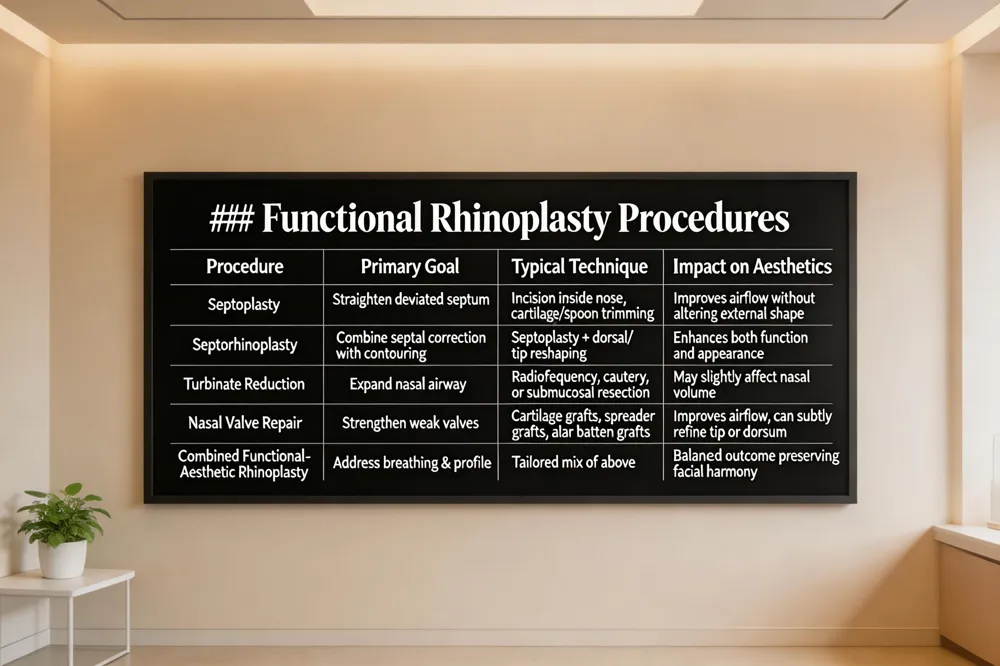 ### Functional Rhinoplasty Procedures
| Procedure | Primary Goal | Typical Technique | Impact on Aesthetics |
|---|---|---|---|
| Septoplasty | Straighten deviated septum | Incision inside nose, cartilage/spoon trimming | Improves airflow without altering external shape |
| Septorhinoplasty | Combine septal correction with contouring | Septoplasty + dorsal/ tip reshaping | Enhances both function and appearance |
| Turbinate Reduction (Turbinectomy) | Expand nasal airway | Radiofrequency, cautery, or submucosal resection | May slightly affect nasal volume |
| Nasal Valve Repair | Strengthen weak valves | Cartilage grafts, spreader grafts, alar batten grafts | Improves airflow; can subtly refine tip or dorsum |
| Combined Functional‑Aesthetic Rhinoplasty | Address breathing & profile | Tailored mix of above | Balanced outcome preserving facial harmony |
