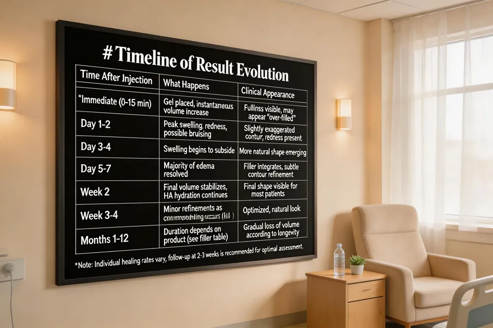 ## Timeline of Result Evolution
| Time After Injection | What Happens | Clinical Appearance |
|---|---|---|
| Immediate (0‑15 min) | Gel placed, instantaneous volume increase | Fullness visible, may appear “over‑filled” |
| Day 1‑2 | Peak swelling, redness, possible bruising | Slightly exaggerated contour, redness present |
| Day 3‑4 | Swelling begins to subside | More natural shape emerging |
| Day 5‑7 | Majority of edema resolved | Filler integrates, subtle contour refinement |
| Week 2 | Final volume stabilizes, HA hydration continues | Final shape visible for most patients |
| Week 3‑4 | Minor refinements as collagen remodeling occurs (HA) | Optimized, natural look |
| Months 1‑12 | Duration depends on product (see filler table) | Gradual loss of volume according to longevity |
Note: Individual healing rates vary; follow‑up at 2‑3 weeks is recommended for optimal assessment.