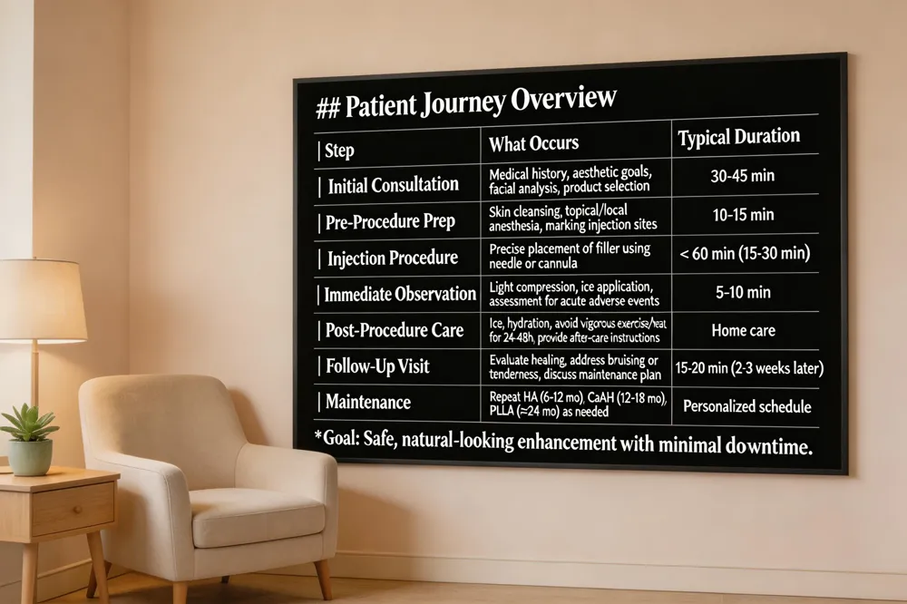 ## Patient Journey Overview
| Step | What Occurs | Typical Duration |
|---|---|---|
| Initial Consultation | Medical history, aesthetic goals, facial analysis, product selection | 30‑45 min |
| Pre‑Procedure Prep | Skin cleansing, topical/local anesthesia, marking injection sites | 10‑15 min |
| Injection Procedure | Precise placement of filler using needle or cannula | < 60 min (often 15‑30 min) |
| Immediate Observation | Light compression, ice application, assessment for acute adverse events | 5‑10 min |
| Post‑Procedure Care | Ice, hydration, avoid vigorous exercise/heat for 24‑48 h, provide after‑care instructions | Home care |
| Follow‑Up Visit | Evaluate healing, address bruising or tenderness, discuss maintenance plan | 15‑20 min (usually 2‑3 weeks later) |
| Maintenance | Repeat HA (6‑12 mo), CaHA (12‑18 mo), PLLA (≈24 mo) as needed | Personalized schedule |
Goal: Safe, natural‑looking enhancement with minimal downtime.