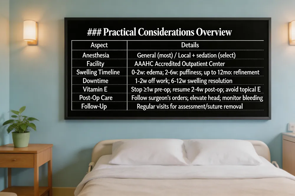 ### Practical Considerations Overview
| Aspect | Details |
|---|---|
| Anesthesia | General anesthesia (most cases) or local with sedation (select cases) |
| Facility | Accredited outpatient center meeting AAAHC standards |
| Swelling Timeline | 0‑2 weeks: visible edema; 2‑6 weeks: residual puffiness; up to 12 months for fine contour refinement |
| Downtime | 1–2 weeks off work; gradual swelling resolution 6‑12 weeks |
| Vitamin E Guidance | Stop high‑dose oral vitamin E ≥1 week pre‑op; resume 2‑4 weeks post‑op after wound healing; avoid topical vitamin E ointment (use petroleum‑based or silicone gel) |
| Post‑Op Care | Follow surgeon’s instructions; monitor for bleeding; keep head elevated; use prescribed ointments |
| Follow‑Up | Regular visits for suture removal, swelling assessment, and long‑term outcome evaluation |
