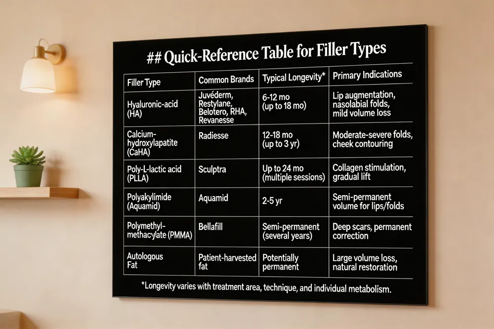 ## Quick‑Reference Table for Filler Types
| Filler Type | Common Brands (examples) | Typical Longevity* | Primary Indications |
|---|---|---|---|
| Hyaluronic‑acid (HA) | Juvéderm (Ultra, Voluma, Volbella, VOLLURE, VOLUX), Restylane (Classic, Lyft, Kysse, Contour), Belotero, Revance RHA, Revanesse | 6‑12 mo (up to 18 mo for newer formulas) | Lip augmentation, nasolabial folds, mild‑to‑moderate volume loss |
| Calcium‑hydroxylapatite (CaHA) | Radiesse | 12‑18 mo (up to 3 yr for deep wrinkles) | Moderate‑to‑severe folds, cheek contouring, structural support |
| Poly‑L‑lactic acid (PLLA) | Sculptra | Up to 24 mo (multiple sessions) | Collagen stimulation, gradual lift, long‑term volume |
| Polyalkylimide (Aquamid) | Aquamid | 2‑5 yr | Semi‑permanent volume for lips, folds, facial restoration |
| Polymethyl‑methacrylate (PMMA) | Bellafill | Semi‑permanent (several years) | Deep scars, persistent lines, permanent correction |
| Autologous Fat | Patient‑harvested fat (no brand) | Potentially permanent (variable) | Large volume loss, natural‑looking restoration |
*Longevity varies with treatment area, technique, and individual metabolism.