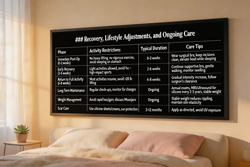### Recovery, Lifestyle Adjustments, and Ongoing Care
| Phase | Activity Restrictions | Typical Duration | Care Tips |
|---|---|---|---|
| Immediate Post‑Op (0‑2 weeks) | No heavy lifting, no vigorous exercise, avoid sleeping on stomach | 0‑2 weeks | Wear surgical bra, keep incisions clean, elevate head while sleeping |
| Early Recovery (2‑6 weeks) | Light activities allowed, avoid high‑impact sports | 2‑6 weeks | Continue supportive bra, gentle walking, monitor swelling |
| Return to Full Activity (6‑8 weeks) | Most activities resume, still avoid very heavy lifting (>20 lb) | 6‑8 weeks | Gradual increase in intensity, follow surgeon’s clearance |
| Long‑Term Maintenance | Regular check‑ups, monitor for changes | Ongoing | Annual exams, MRI/ultrasound for silicone every 2‑3 years, maintain stable weight |
| Weight Management | Avoid rapid loss/gain, discuss medications (e.g., Mounjaro) | Ongoing | Stable weight reduces rippling, maintain skin elasticity |
| Scar Care | Use silicone sheets/creams, sun protection | 3‑12 months | Apply as directed, avoid UV exposure |

