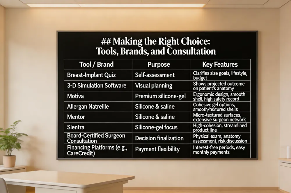 ### Making the Right Choice: Tools, Brands, and Consultation
| Tool / Brand | Purpose | Key Features |
|---|---|---|
| Breast‑Implant Quiz | Self‑assessment | Clarifies size goals, lifestyle, budget |
| 3‑D Simulation Software | Visual planning | Shows projected outcome on patient’s anatomy |
| Motiva | Premium silicone‑gel | Ergonomic design, smooth shell, high safety record |
| Allergan Natrelle | Silicone & saline | Cohesive gel options, smooth/textured shells |
| Mentor | Silicone & saline | Micro‑textured surfaces, extensive surgeon network |
| Sientra | Silicone‑gel focus | High‑cohesion, streamlined product line |
| Board‑Certified Surgeon Consultation | Decision finalization | Physical exam, anatomy assessment, risk discussion |
| Financing Platforms (e.g., CareCredit) | Payment flexibility | Interest‑free periods, easy monthly payments |
