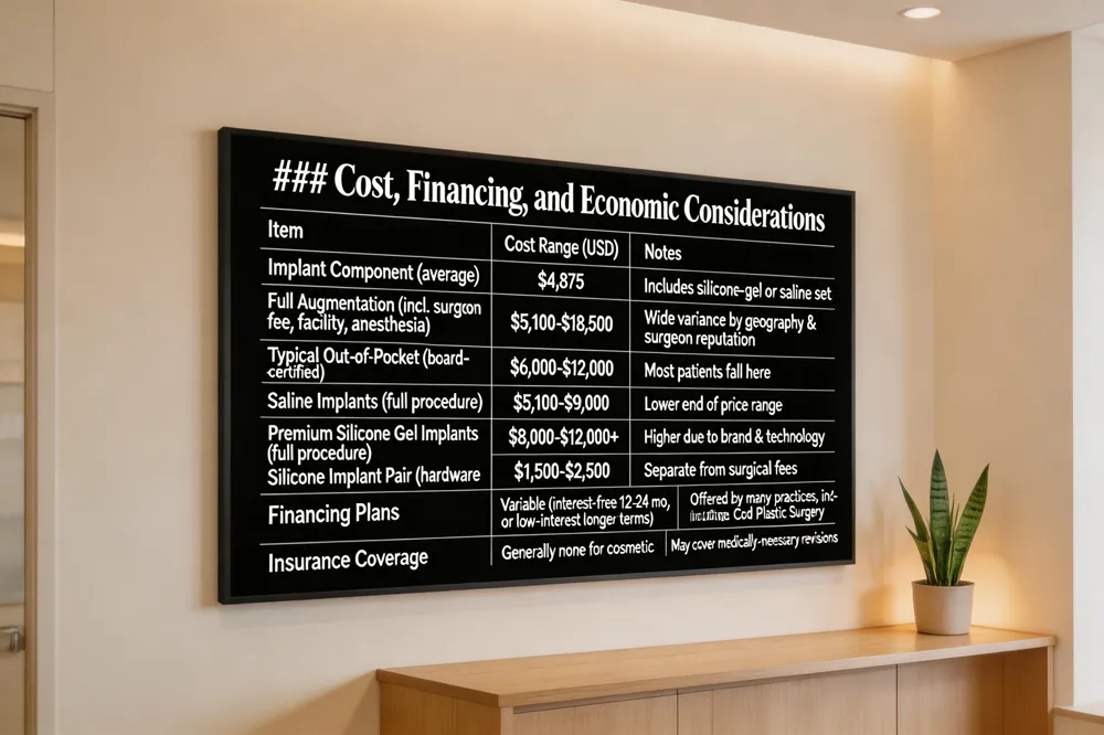 ### Cost, Financing, and Economic Considerations
| Item | Cost Range (USD) | Notes |
|---|---|---|
| Implant Component (average) | $4,875 | Includes silicone‑gel or saline set |
| Full Augmentation (incl. surgeon fee, facility, anesthesia) | $5,100‑$18,500 | Wide variance by geography & surgeon reputation |
| Typical Out‑of‑Pocket (board‑certified) | $6,000‑$12,000 | Most patients fall here |
| Saline Implants (full procedure) | $5,100‑$9,000 | Lower end of price range |
| Premium Silicone Gel Implants (full procedure) | $8,000‑$12,000+ | Higher due to brand & technology |
| Silicone Implant Pair (hardware only) | $1,500‑$2,500 | Separate from surgical fees |
| Financing Plans | Variable (interest‑free 12‑24 mo, or low‑interest longer terms) | Offered by many practices, including Cape Cod Plastic Surgery |
| Insurance Coverage | Generally none for cosmetic | May cover medically‑necessary revisions |
