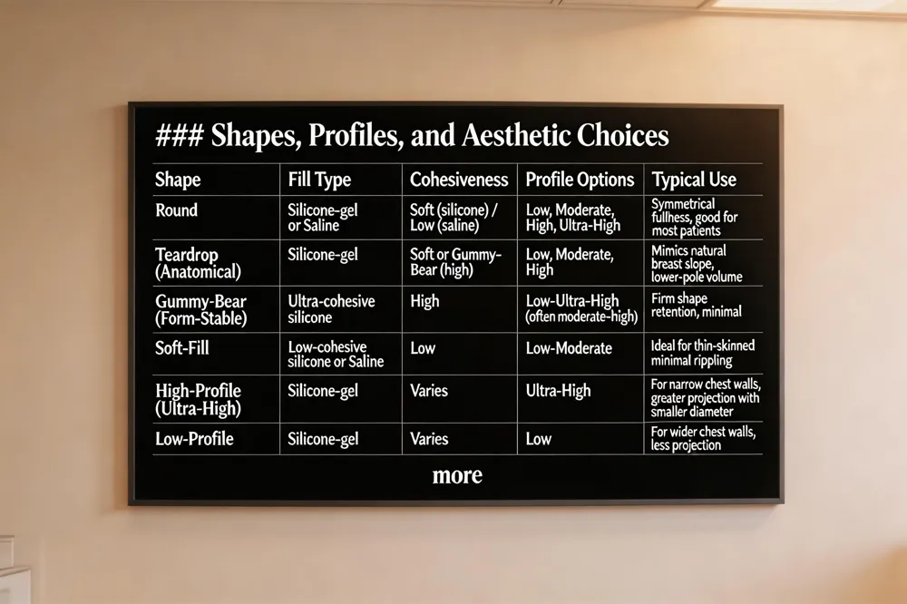 ### Shapes, Profiles, and Aesthetic Choices
| Shape | Fill Type | Cohesiveness | Profile Options | Typical Use |
|---|---|---|---|---|
| Round | Silicone‑gel or Saline | Soft (silicone) / Low (saline) | Low, Moderate, High, Ultra‑High | Symmetrical fullness, good for most patients |
| Teardrop (Anatomical) | Silicone‑gel | Soft or Gummy‑Bear (high) | Low, Moderate, High | Mimics natural breast slope, lower‑pole volume |
| Gummy‑Bear (Form‑Stable) | Ultra‑cohesive silicone | High | Low‑Ultra‑High (often moderate‑high) | Firm shape retention, minimal rippling |
| Soft‑Fill | Low‑cohesive silicone or Saline | Low | Low‑Moderate | Ideal for thin‑skinned patients, minimal rippling |
| High‑Profile (Ultra‑High) | Silicone‑gel | Varies | Ultra‑High | For narrow chest walls, greater projection with smaller diameter |
| Low‑Profile | Silicone‑gel | Varies | Low | For wider chest walls, less projection |
more