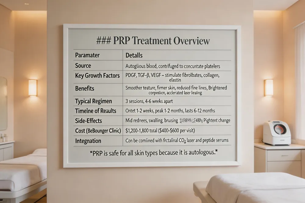 ### PRP Treatment Overview
| Parameter | Details |
|---|---|
| Source | Autologous blood, centrifuged to concentrate platelets |
| Key Growth Factors | PDGF, TGF‑β, VEGF – stimulate fibroblasts, collagen, elastin |
| Benefits | Smoother texture, firmer skin, reduced fine lines, brightened complexion, accelerated laser healing |
| Typical Regimen | 3 sessions, 4‑6 weeks apart |
| Timeline of Results | Onset 1‑2 weeks, peak 1‑2 months, lasts 6‑12 months |
| Side‑Effects | Mild redness, swelling, bruising (resolve ≤48 h); rare infection/pigment change |
| Cost (BeYounger Clinic) | $1,200‑$1,800 total ($400‑$600 per visit) |
| Integration | Can be combined with fractional CO₂ laser and peptide serums for synergistic effect |
PRP is safe for all skin types because it is autologous.