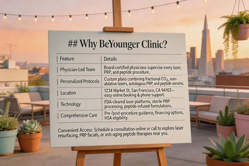 ### Why BeYounger Clinic?
| Feature | Details |
|---|---|
| Physician‑Led Team | Board‑certified physicians supervise every laser, PRP, and peptide procedure. |
| Personalized Protocols | Custom plans combining fractional CO₂, non‑ablative lasers, autologous PRP, and peptide serums. |
| Location | 1234 Market St, San Francisco, CA 94103 – easy online booking & phone support. |
| Technology | FDA‑cleared laser platforms, sterile PRP processing, peptide‑infused formulations. |
| Comprehensive Care | Pre‑/post‑procedure guidance, financing options, HSA eligibility. |
Convenient Access: Schedule a consultation online or call to explore laser resurfacing, PRP facials, or anti‑aging peptide therapies near you.