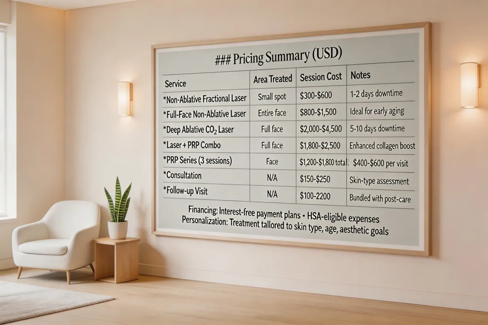 ### Pricing Summary (USD)
| Service | Area Treated | Session Cost | Notes |
|---|---|---|---|
| Non‑Ablative Fractional Laser | Small spot | $300‑$600 | 1‑2 days downtime |
| Full‑Face Non‑Ablative Laser | Entire face | $800‑$1,500 | Ideal for early aging |
| Deep Ablative CO₂ Laser | Full face | $2,000‑$4,500 | 5‑10 days downtime |
| Laser + PRP Combo | Full face | $1,800‑$2,500 | Enhanced collagen boost |
| PRP Series (3 sessions) | Face | $1,200‑$1,800 total | $400‑$600 per visit |
| Consultation | N/A | $150‑$250 | Includes skin‑type assessment |
| Follow‑up Visit | N/A | $100‑$200 | Often bundled with post‑care products |
Financing: Many clinics offer interest‑free payment plans; HSA‑eligible expenses.
Personalization: Treatment plan is tailored based on skin type, age, and aesthetic goals.