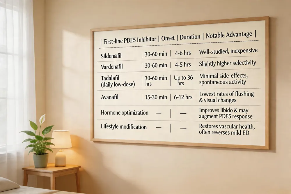 | First‑line PDE5 Inhibitor | Onset | Duration | Notable Advantage | |--------------------------|-------|----------|-------------------| | Sildenafil | 30‑60 min | 4‑6 hrs | Well‑studied, inexpensive | | Vardenafil | 30‑60 min | 4‑5 hrs | Slightly higher selectivity | | Tadalafil (daily low‑dose) | 30‑60 min | Up to 36 hrs (steady state) | Minimal side‑effects, spontaneous activity | | Avanafil | 15‑30 min | 6‑12 hrs | Lowest rates of flushing & visual changes |
| Hormone optimization | — | — | Improves libido & may augment PDE5 response | | Lifestyle modification | — | — | Restores vascular health, often reverses mild ED | 