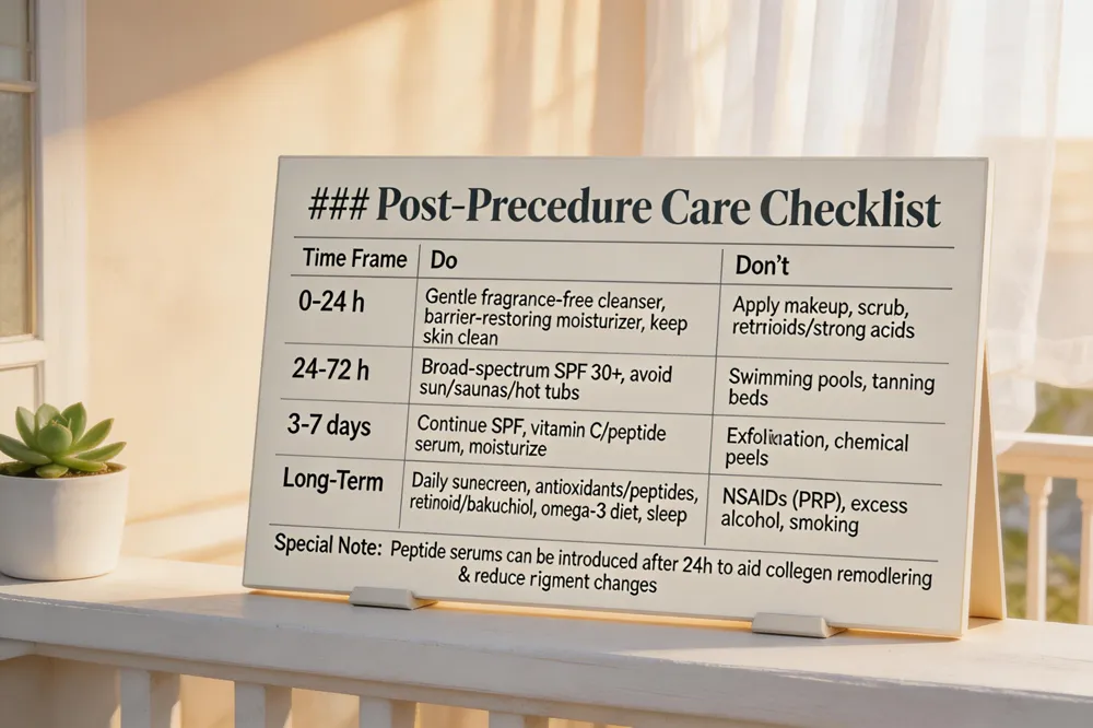 ### Post‑Procedure Care Checklist
| Time Frame | Do | Don’t |
|---|---|---|
| 0‑24 h | Gentle fragrance‑free cleanser, barrier‑restoring moisturizer, keep skin clean | Apply makeup, scrub, use retinoids or strong acids |
| 24‑72 h | Broad‑spectrum SPF 30+ (once tolerated), avoid direct sun, saunas, steam rooms, hot tubs, vigorous exercise | Swimming pools, tanning beds |
| 3‑7 days | Continue SPF, antioxidant serum (vitamin C, peptide), keep moisturized | Exfoliation, chemical peels |
| Long‑Term | Daily sunscreen, antioxidant/peptide serums, low‑dose retinoid or bakuchiol, balanced diet rich in omega‑3, adequate sleep | NSAIDs (after PRP), alcohol excess, smoking |
Special Note: Peptide serums can be introduced after the first 24 h to aid collagen remodeling and reduce pigment changes.