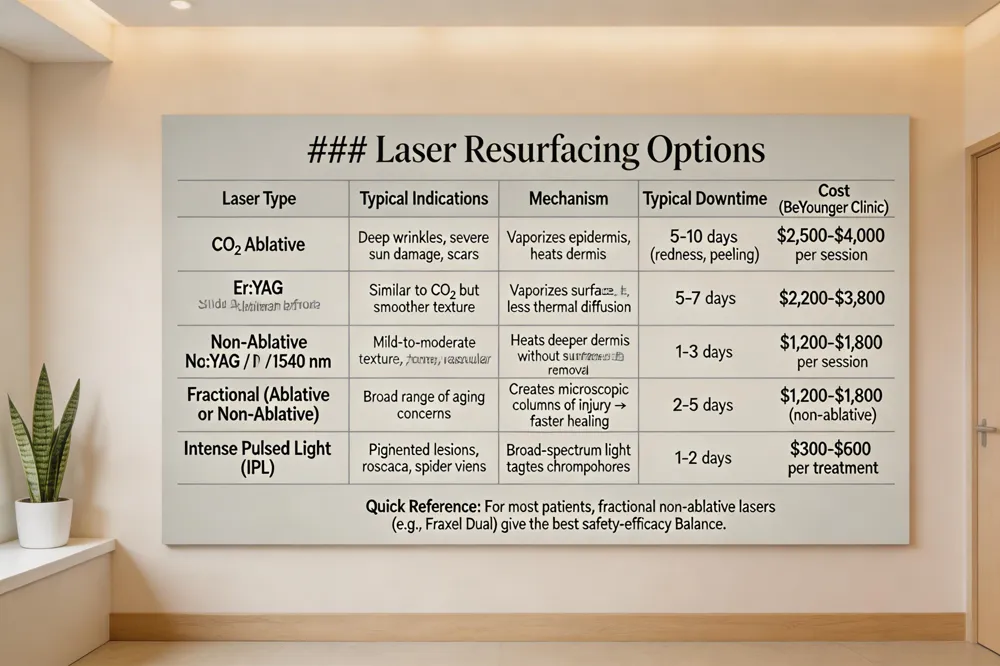 ### Laser Resurfacing Options
| Laser Type | Typical Indications | Mechanism | Typical Downtime | Cost (BeYounger Clinic) |
|---|---|---|---|---|
| CO₂ Ablative | Deep wrinkles, severe sun damage, scars | Vaporizes epidermis, heats dermis | 5‑10 days (redness, peeling) | $2,500‑$4,000 per session |
| Er:YAG Ablative | Similar to CO₂ but smoother texture | Vaporizes surface, less thermal diffusion | 5‑7 days | $2,200‑$3,800 |
| Non‑Ablative Nd:YAG / Diode / 1540 nm | Mild‑to‑moderate texture, tone, vascular lesions | Heats deeper dermis without surface removal | 1‑3 days | $1,200‑$1,800 per session |
| Fractional (Ablative or Non‑Ablative) | Broad range of aging concerns | Creates microscopic columns of injury → faster healing | 2‑5 days | $1,200‑$1,800 (non‑ablative) |
| Intense Pulsed Light (IPL) | Pigmented lesions, rosacea, spider veins | Broad‑spectrum light targets chromophores | 1‑2 days | $300‑$600 per treatment |
Quick Reference: For most patients, fractional non‑ablative lasers (e.g., Fraxel Dual) give the best safety‑efficacy balance.