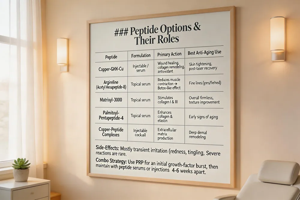 ### Peptide Options & Their Roles
| Peptide | Formulation | Primary Action | Best Anti‑Aging Use |
|---|---|---|---|
| Copper‑GHK‑Cu | Injectable / serum | Wound healing, collagen remodeling, antioxidant | Skin tightening, post‑laser recovery |
| Argireline (Acetyl Hexapeptide‑8) | Topical serum | Reduces SN muscle contraction → Botox‑like effect | Fine lines around eyes & forehead |
| Matrixyl‑3000 | Topical serum | Stimulates collagen I & III synthesis | Overall firmness, texture improvement |
| Palmitoyl‑Pentapeptide‑4 | Topical serum | Enhances collagen & elastin | Early signs of aging |
| Copper‑Peptide Complexes (e.g., GHK‑Cu) | Injectable cocktail | Accelerates extracellular matrix production | Deep dermal remodeling |
Side‑Effects: Mostly transient irritation (redness, tingling). Severe reactions are rare.
Combo Strategy: Use PRP for an initial growth‑factor burst, then maintain with peptide serums or injections 4‑6 weeks apart.