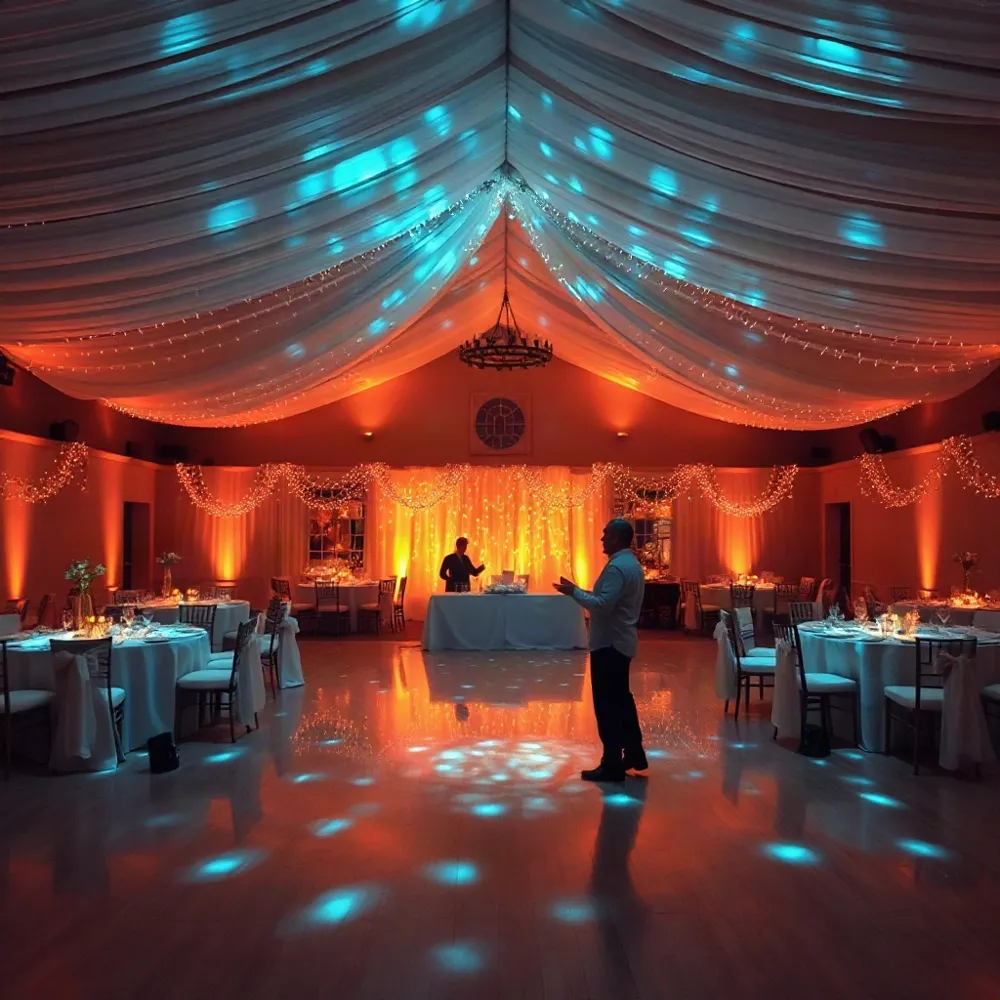 Twinkelende lichtpuntjes geven je dansvloer een romantische gloed, mooi voor een bruiloft of feestelijke avond.