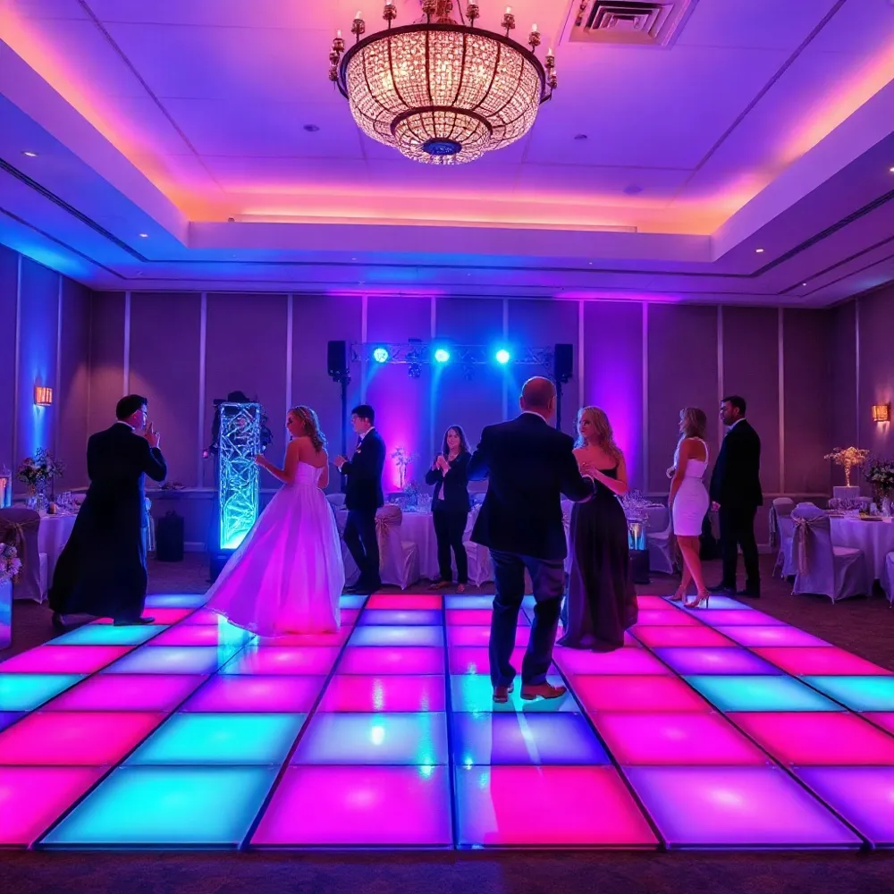 De Vlak LED Dansvloer biedt met vier full-colour vlakken per vierkante meter en een lichtsterkte van 10/10 de felste, oogverblindende uitstraling voor chique bruiloften en stijlvolle themafeesten.