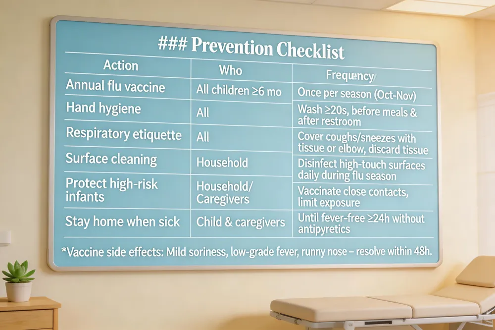 ### Prevention Checklist
| Action | Who | Frequency |
|---|---|---|
| Annual flu vaccine | All children ≥6 mo (2‑dose schedule for first‑time 6 mo‑8 yr) | Once per season (Oct‑Nov) |
| Hand hygiene | All | Wash ≥20 s, especially before meals & after restroom |
| Respiratory etiquette | All | Cover coughs/sneezes with tissue or elbow, discard tissue |
| Surface cleaning | Household | Disinfect high‑touch surfaces daily during flu season |
| Protect high‑risk infants | Household members, caregivers | Vaccinate all close contacts, limit exposure, seek early antiviral if exposed |
| Stay home when sick | Child & caregivers | Until fever‑free ≥24 h without antipyretics, symptoms improving |
Vaccine side effects: Mild soreness, low‑grade fever, runny nose – typically resolve within 48 h. 