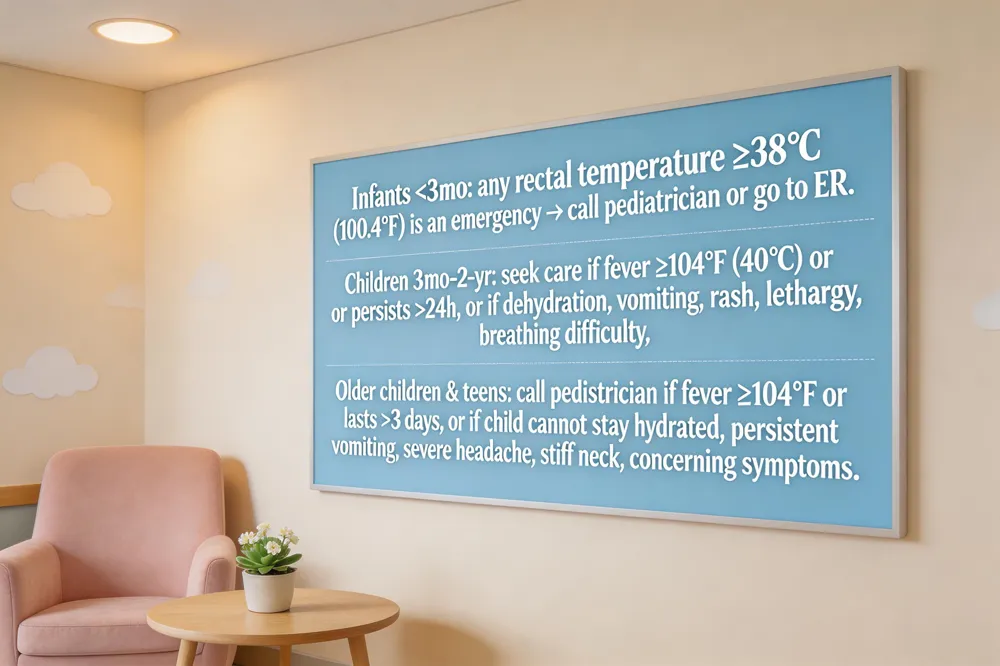 Infants <3 mo: any rectal temperature ≥38 °C (100.4 °F) is an emergency → call pediatrician or go to ER. Children 3 mo‑2 yr: seek care if fever ≥104 °F (40 °C) or persists >24 h, or if dehydration, vomiting, rash, lethargy, or breathing difficulty develop. Older children & teens: call pediatrician if fever ≥104 °F or lasts >3 days, or if child cannot stay hydrated, has persistent vomiting, severe headache, stiff neck, or other concerning symptoms.