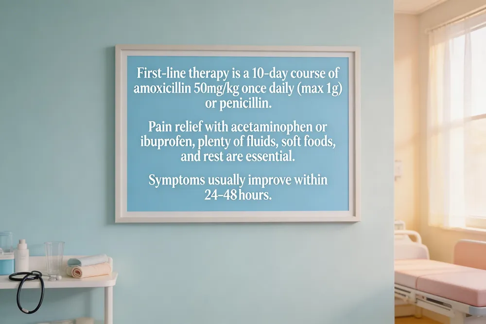 First‑line therapy is a 10‑day course of amoxicillin 50 mg/kg once daily (max 1 g) or penicillin. Pain relief with acetaminophen or ibuprofen, plenty of fluids, soft foods, and rest are essential. Symptoms usually improve within 24–48 hours.