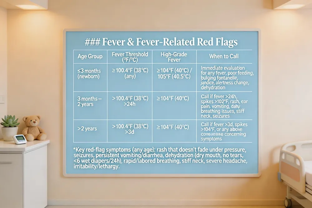 ### Fever & Fever‑Related Red Flags
| Age Group | Fever Threshold (°F/°C) | High‑Grade Fever | When to Call | if-----------|------------------------|------------------|--------------| | ≤ 3 months (newborn) | ≥ 100.4 °F (38 °C) (any) | ≥ 104 °F (40 °C) or spike to 105 °F (40.5 °C) | Immediate evaluation for any fever, poor feeding, bulging fontanelle, jaundice, change in alertness, or dehydration signs | | 3 months – 2 years | > 100.4 °F (38 °C) for > 24 h | ≥ 104 °F (40 °C) | Call if fever > 24 h, spikes > 102 °F, rash, ear pain, vomiting, dehydration, breathing difficulty, stiff neck, seizures | | > 2 years | > 100.4 °F (38 °C) for > 3 days | ≥ 104 °F (40 °C) | Call if fever persists > 3 days, spikes > 104 °F, or any concerning symptom listed above |
Key red‑flag symptoms (any age): rash that doesn’t fade under pressure, seizures, persistent vomiting/diarrhea, signs of dehydration (dry mouth, no tears, < 6 wet diapers/24 h), rapid or labored breathing, stiff neck, severe headache, marked irritability/lethargy. 