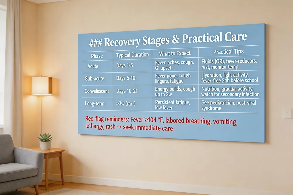 ### Recovery Stages & Practical Care
| Phase | Typical Duration | What to Expect | Practical Tips |
|---|---|---|---|
| Acute | Days 1‑5 | Fever, aches, cough, possible GI upset | Keep fluids (OR fluids), fever‑reducers, rest, monitor temperature |
| Sub‑acute | Days 5‑10 | Fever resolves, cough may linger, fatigue continues | Continue hydration, light activity, avoid school until fever‑free 24 h |
| Convalescent | Days 10‑21 | Energy builds, cough may persist up to 2 weeks | Encourage nutrition, gradual return to normal activity, watch for secondary infection signs |
| Long‑term | >3 weeks (rare) | Persistent fatigue, low‑grade fever | Re‑evaluate with pediatrician; consider post‑viral syndrome or complications |
Red‑flag reminders: Fever ≥ 104 °F, labored breathing, persistent vomiting, lethargy, or new rash → seek immediate care. 