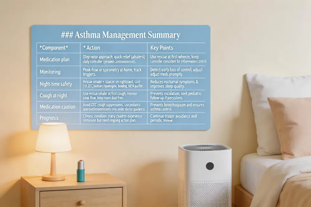 ### Asthma Management Summary
| Component | Action | Key Points |
|---|---|---|
| Medication plan | Step‑wise approach: quick‑relief (albuterol) + daily controller (inhaled corticosteroid). | Use rescue at first wheeze; keep controller consistent for inflammation control. |
| Monitoring | Peak‑flow or spirometry at home; track triggers. | Detect early loss of control, adjust meds promptly. |
| Night‑time safety | Rescue inhaler + spacer on nightstand; cool (18‑20 °C) bedroom; hypoallergenic bedding; HEPA purifier. | Reduces nocturnal symptoms & improves sleep quality. |
| Cough at night | Use rescue inhaler at first cough; monitor peak flow; keep room dust‑free. | Prevents escalation; seek pediatric follow‑up if persistent. |
| Medication caution | Avoid OTC cough suppressants; use pediatric‑approved expectorants only under doctor guidance. | Prevents bronchospasm and ensures asthma control. |
| Prognosis | Chronic condition; many children experience remission but need ongoing action plan. | Continue trigger avoidance and periodic review. |
| 