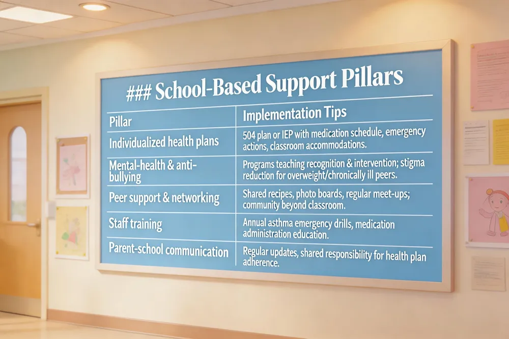 ### School‑Based Support Pillars
| Pillar | Implementation Tips |
|---|---|
| Individualized health plans | 504 plan or IEP with medication schedule, emergency actions, classroom accommodations. |
| Mental‑health & anti‑bullying | Programs teaching recognition & intervention; stigma reduction for overweight/chronically ill peers. |
| Peer support & networking | Shared recipes, photo boards, regular meet‑ups; create a sense of community beyond classroom. |
| Staff training | Annual asthma emergency drills, medication administration education. |
| Parent‑school communication | Regular updates, shared responsibility for health plan adherence. |
| 