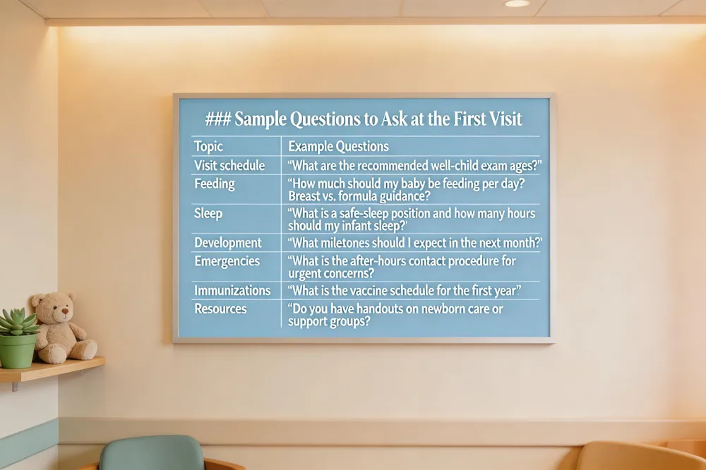 ### Sample Questions to Ask at the First Visit
| Topic | Example Questions |
|---|---|
| Visit schedule | “What are the recommended well‑child exam ages?” |
| Feeding | “How much should my baby be feeding per day? Breast vs. formula guidance?” |
| Sleep | “What is a safe‑sleep position and how many hours should my infant sleep?” |
| Development | “What milestones should I expect in the next month?” |
| Emergencies | “What is the after‑hours contact procedure for urgent concerns?” |
| Immunizations | “What is the vaccine schedule for the first year?” |
| Resources | “Do you have handouts on newborn care or support groups?” |
| 