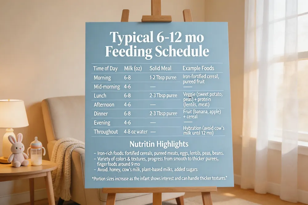 Typical 6‑12 mo Feeding Schedule
| Time of Day | Milk (oz) | Solid Meal (portion) | Example Foods |
|---|---|---|---|
| Morning | 6‑8 | 1‑2 Tbsp puree | Iron‑fortified cereal, pureed fruit |
| Mid‑morning | 4‑6 | — | — |
| Lunch | 6‑8 | 2‑3 Tbsp puree | Veggie (sweet potato, peas) + protein (lentils, meat) |
| Afternoon | 4‑6 | — | — |
| Dinner | 6‑8 | 2‑3 Tbsp puree | Fruit (banana, apple) + cereal |
| Evening | 4‑6 | — | — |
| Throughout | 4‑8 oz water in a cup | — | Hydration (avoid cow’s milk until 12 mo). |
Nutrition Highlights
- Iron‑rich foods: fortified cereals, pureed meats, eggs, lentils, peas, beans.
- Variety of colors & textures; progress from smooth to thicker purees, then finger foods around 9 mo.
- Avoid: honey, cow’s milk, plant‑based milks, added sugars.
Portion sizes increase as the infant shows interest and can handle thicker textures.