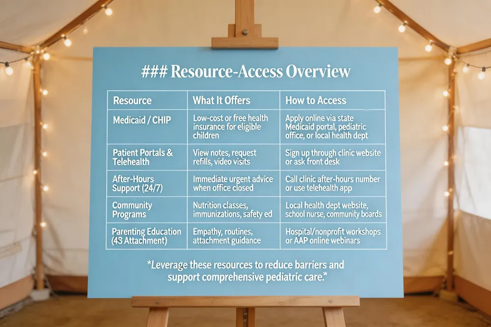 ### Resource‑Access Overview
| Resource | What It Offers | How to Access |
|---|---|---|
| Medicaid / CHIP | Low‑cost or free health insurance for eligible children | Apply online via state Medicaid portal, through pediatric office staff, or at local health department |
| Patient Portals & Telehealth | View notes, request refills, video visits | Sign up through your clinic’s website or ask the front desk for enrollment instructions |
| After‑Hours Support (24/7 line, urgent‑care triage) | Immediate advice for urgent concerns when office closed | Call the clinic’s after‑hours number (often listed on after card) or use the telehealth app for urgent consults |
| Community Programs (health departments, school health, nonprofit workshops) | Nutrition classes, immunization clinics, safety education | Search local health department website, ask school nurse, or check community center bulletin boards |
| Parenting Education (core principles & 4 S attachment) | Guidance on empathy, routines, rules, coaching, attachment | Attend workshops offered by hospitals, nonprofit families, or online webinars (e.g., AAP Parenting Resources) |
Leverage these resources to reduce barriers and support comprehensive pediatric care.