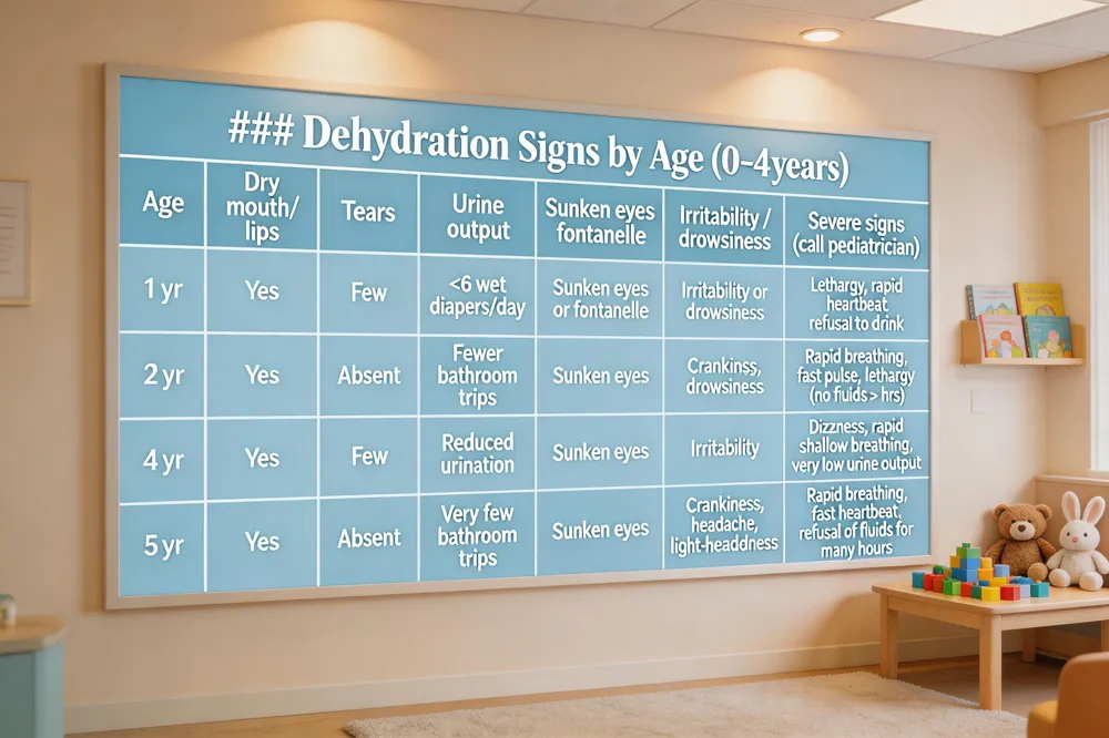 ### Dehydration Signs by Age (0‑4 years)
| Age | Dry mouth/lips | Tears | Urine output (wet diapers / bathroom trips) | Sunken eyes / fontanelle | Irritability / drowsiness | Severe signs (call pediatrician) |
|---|---|---|---|---|---|---|
| 1 yr | Yes | Few | < 6 wet diapers/day | Sunken eyes or fontanelle | Irritability or drowsiness | Lethargy, rapid heartbeat, refusal to drink |
| 2 yr | Yes | Absent | Fewer bathroom trips | Sunken eyes | Crankiness, drowsiness | Rapid breathing, fast pulse, lethargy (if fluids refused > hrs) |
| 4 yr | Yes | Few | Reduced urination | Sunken eyes | Irritability | Dizziness, rapid shallow breathing, very low urine output |
| 5 yr | Yes | Absent | Very few bathroom trips | Sunken eyes | Crankiness, headache, light‑headedness | Rapid breathing, fast heartbeat, refusal of fluids for many hours |
| 