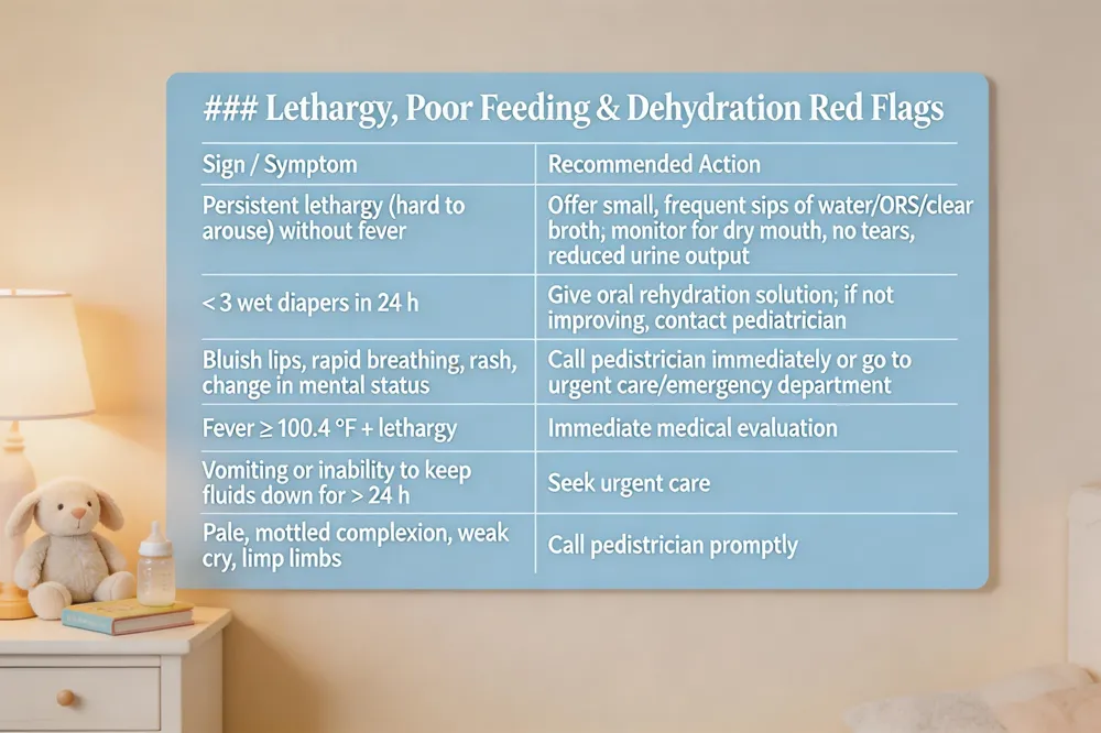 ### Lethargy, Poor Feeding & Dehydration Red Flags
| Sign / Symptom | Recommended Action |
|---|---|
| Persistent lethargy (hard to arouse) without fever | Offer small, frequent sips of water/ORS/clear broth; monitor for dry mouth, no tears, reduced urine output |
| < 3 frequent or wet diapers in 24 h | Give oral rehydration solution; if not improving, contact pediatrician |
| Bluish lips, rapid breathing, rash, change in mental status | Call pediatrician immediately or go to urgent care/emergency department |
| Fever ≥ 100.4 °F + lethargy | Immediate medical evaluation |
| Vomiting or inability to keep fluids down for > 24 h | Seek urgent care |
| Pale, mottled complexion, weak cry, limp limbs | Call pediatrician promptly |
| 