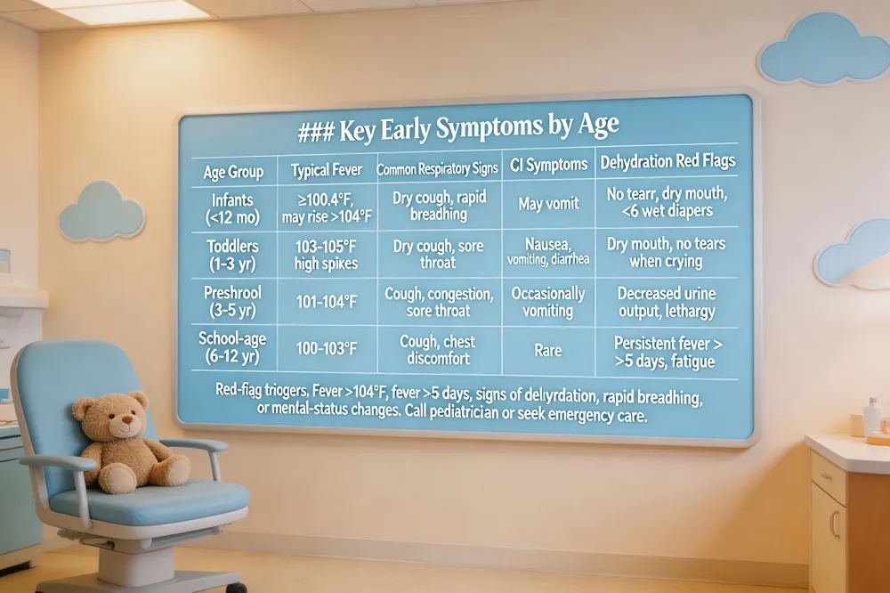### Key Early Symptoms by Age
| Age Group | Typical Fever | Common Respiratory Signs | GI Symptoms | Dehydration Red Flags |
|---|---|---|---|---|
| Infants (<12 mo) | ≥100.4 °F, may rise >104 °F | Dry cough, rapid breathing | May vomit | No tears, dry mouth, <6 wet diapers |
| Toddlers (1‑3 yr) | 103‑105 °F, high spikes | Dry cough, sore throat | Nausea, vomiting, diarrhea | Dry mouth, no tears when crying |
| Preschool (3‑5 yr) | 101‑104 °F | Cough, congestion, sore throat | Occasionally vomiting | Decreased urine output, lethargy |
| School‑age (6‑12 yr) | 100‑103 °F | Cough, chest discomfort | Rare | Persistent fever >5 days, fatigue |
Red‑flag triggers: Fever >104 °F, fever >5 days, signs of dehydration, rapid breathing, or mental‑status changes. Call pediatrician or seek emergency care. 